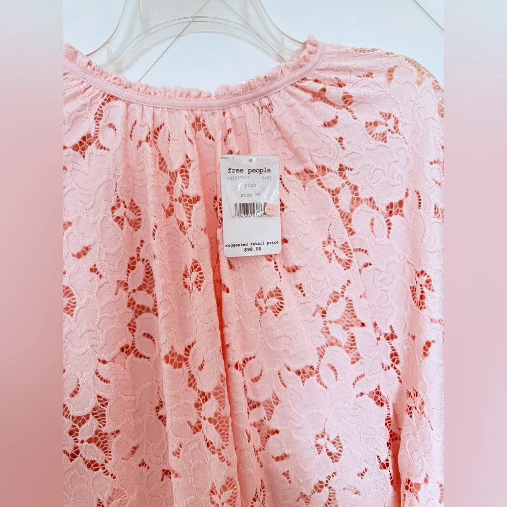 NWT Free People Olivia Lace Top blouse Edwardian sleeves Shirt XS powder pink